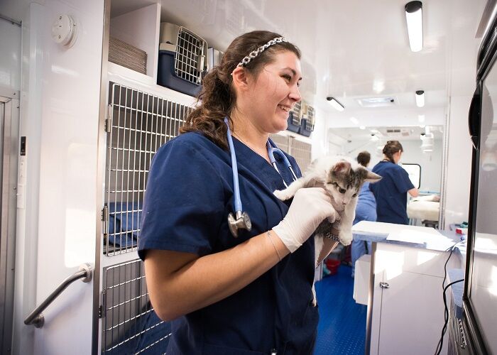 Student holding kitten in mobile lab